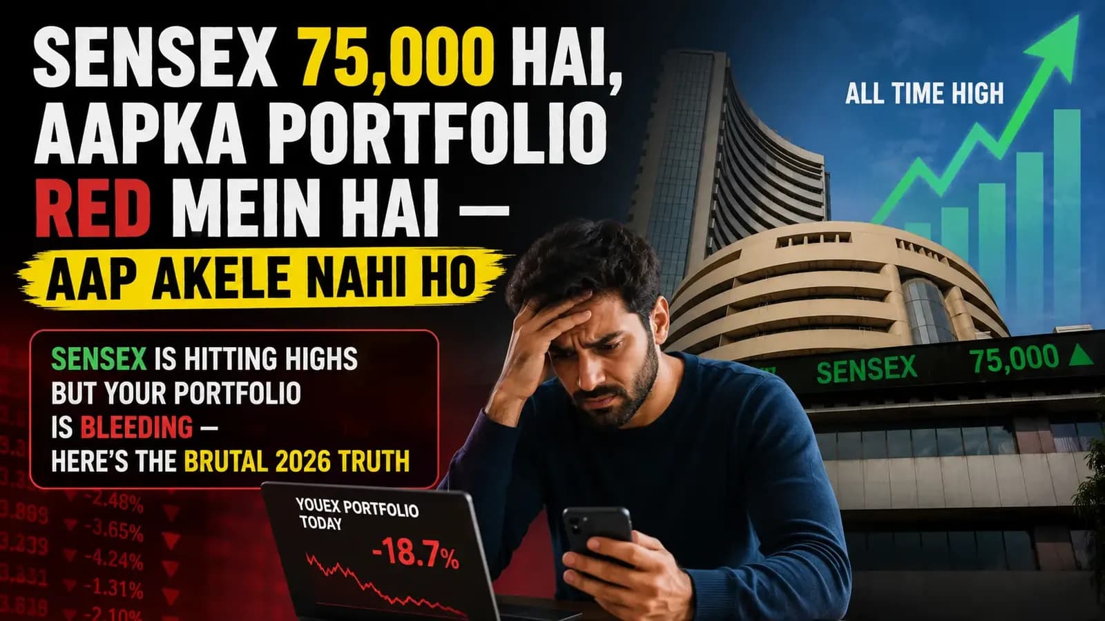 Indian stock market trading screen showing red declining chart and falling Nifty Sensex values