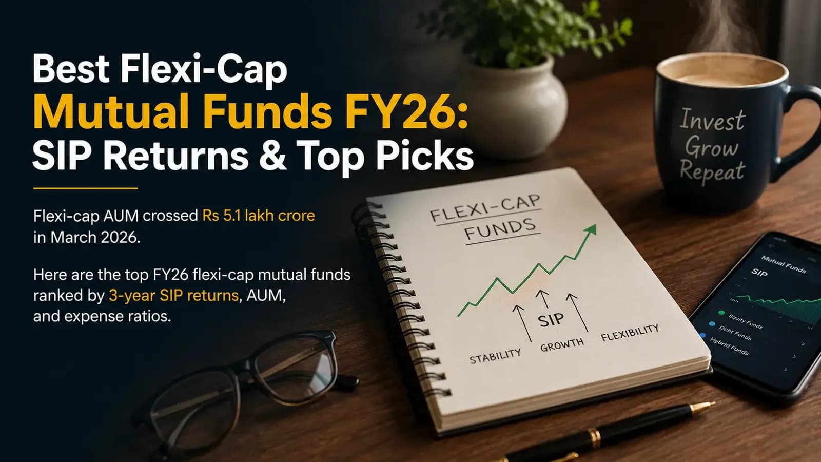 ndian woman reviewing flexi-cap mutual fund SIP statement at home with calculator for FY26 portfolio planning