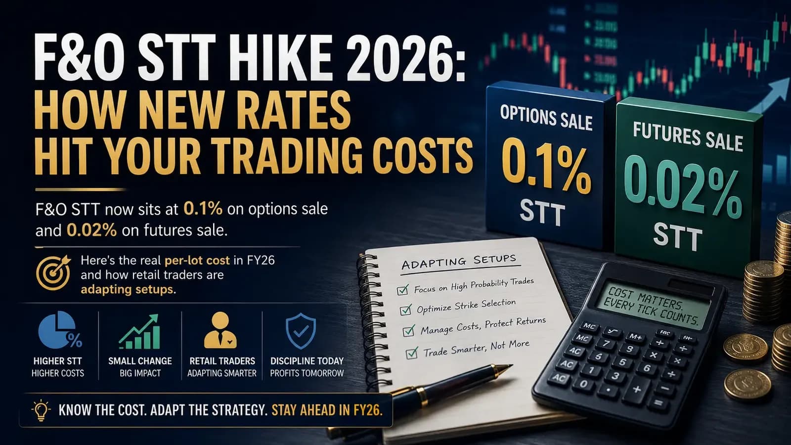 Indian retail trader reviewing F&O contract note showing STT hike impact on Nifty options trading costs in FY26 home office