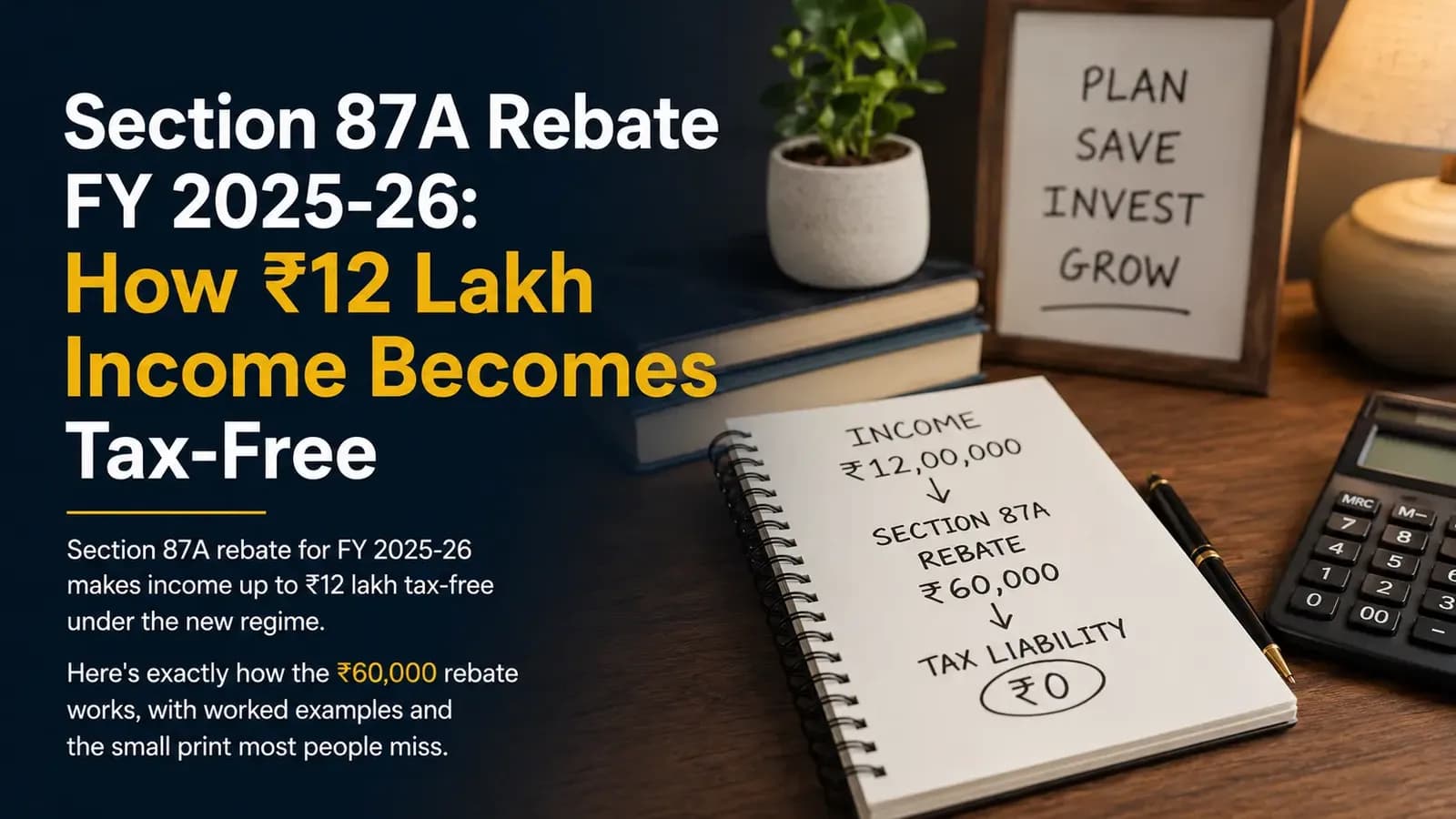 Indian man reviewing Form 16 and calculator at home desk for Section 87A rebate FY 2025-26 tax calculation