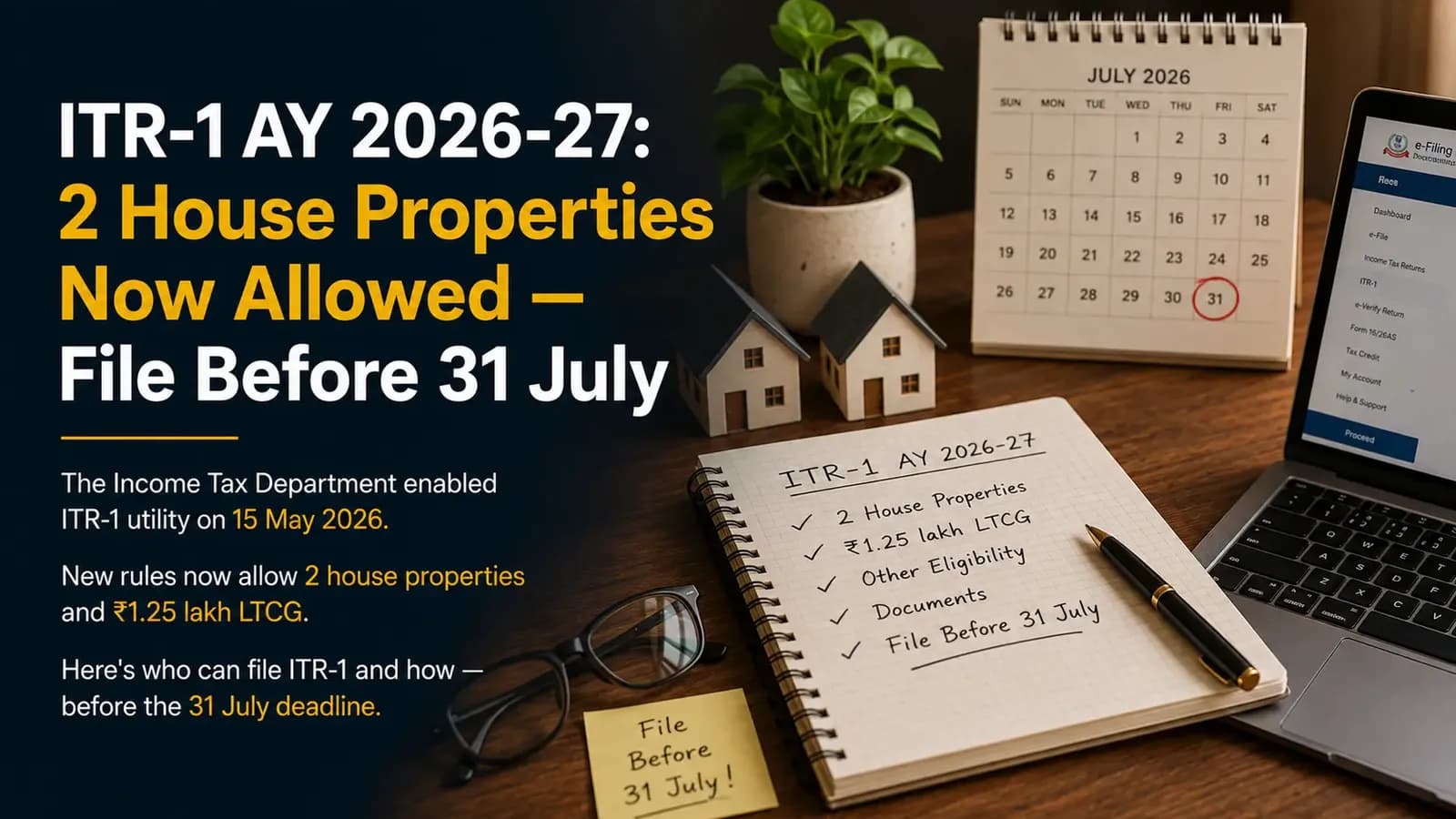 ndian salaried man at home desk reviewing Form 16 and laptop for ITR-1 AY 2026-27 filing