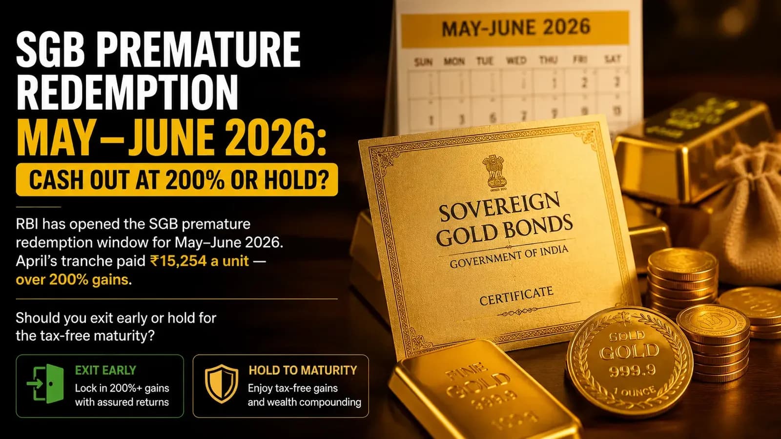 Indian woman weighing an SGB premature redemption decision at her desk with gold coins and a bond statement