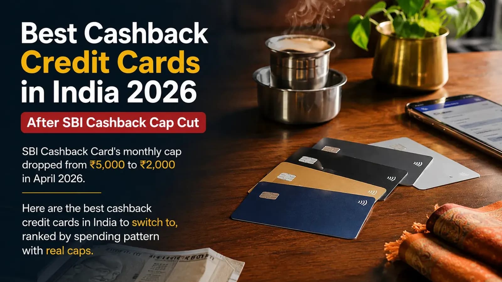 Four cashback credit cards arranged on wooden desk with coffee for comparing best India cashback cards 2026