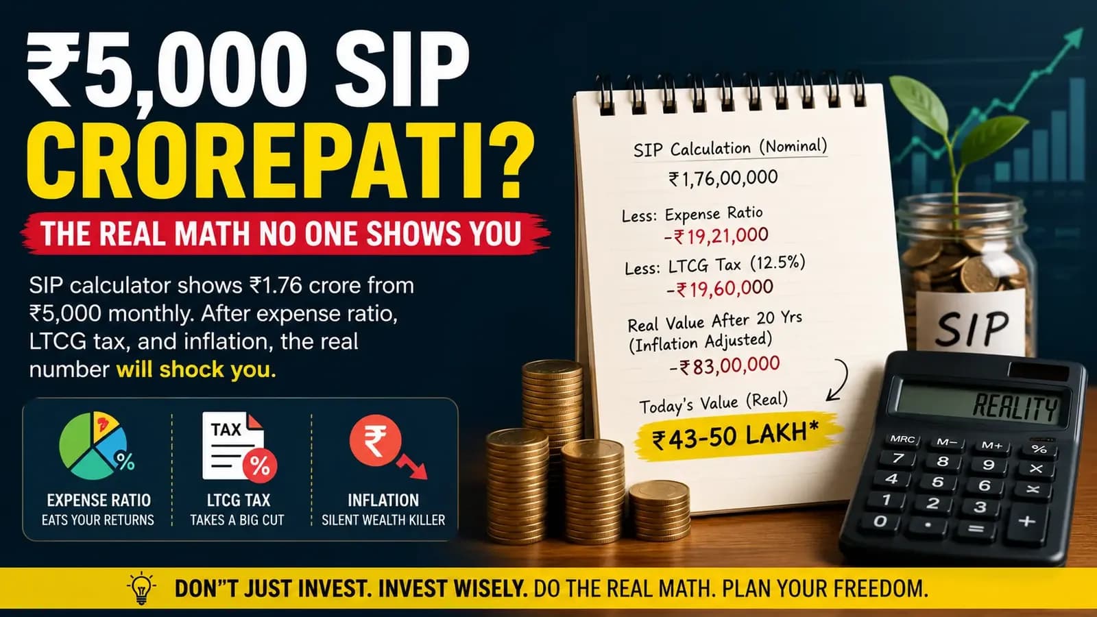 SIP calculator showing crorepati projection with Indian rupee notes beside it